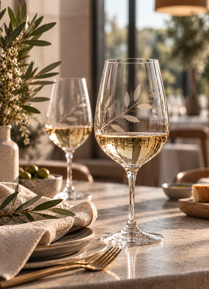 Bedruckte Weisweingläser mit floralem Motiv auf einem edel gedeckten Tisch